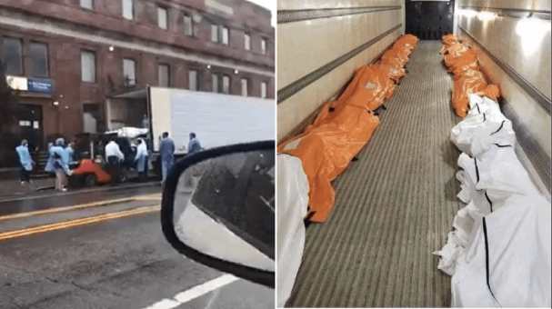 Des corps chargés par chariot élévateur dans un camion alors que le nombre de décès dus à un coronavirus approche les 1000 à New York